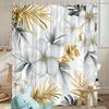 1Pc Floral Shower Curtain With White Hibiscus And Gold Foil Design, Polyester Fabric, Machine Washable, Suitable For Bathroom