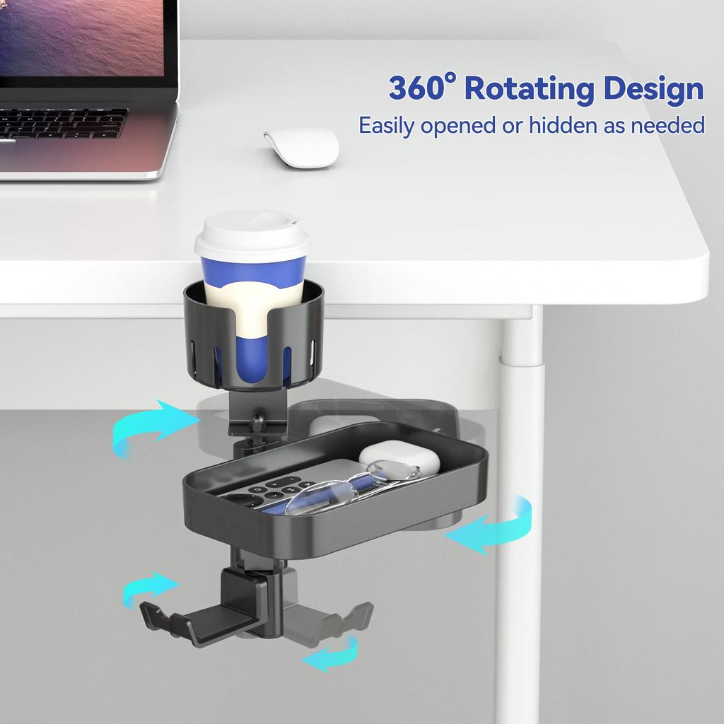 KDD 3-in-1 Under-Desk Storage with Drink Holder, Two Rotating Drawers, and a Headphone Hanger - Removable Cup Holder and Under-Desk Tray for Small