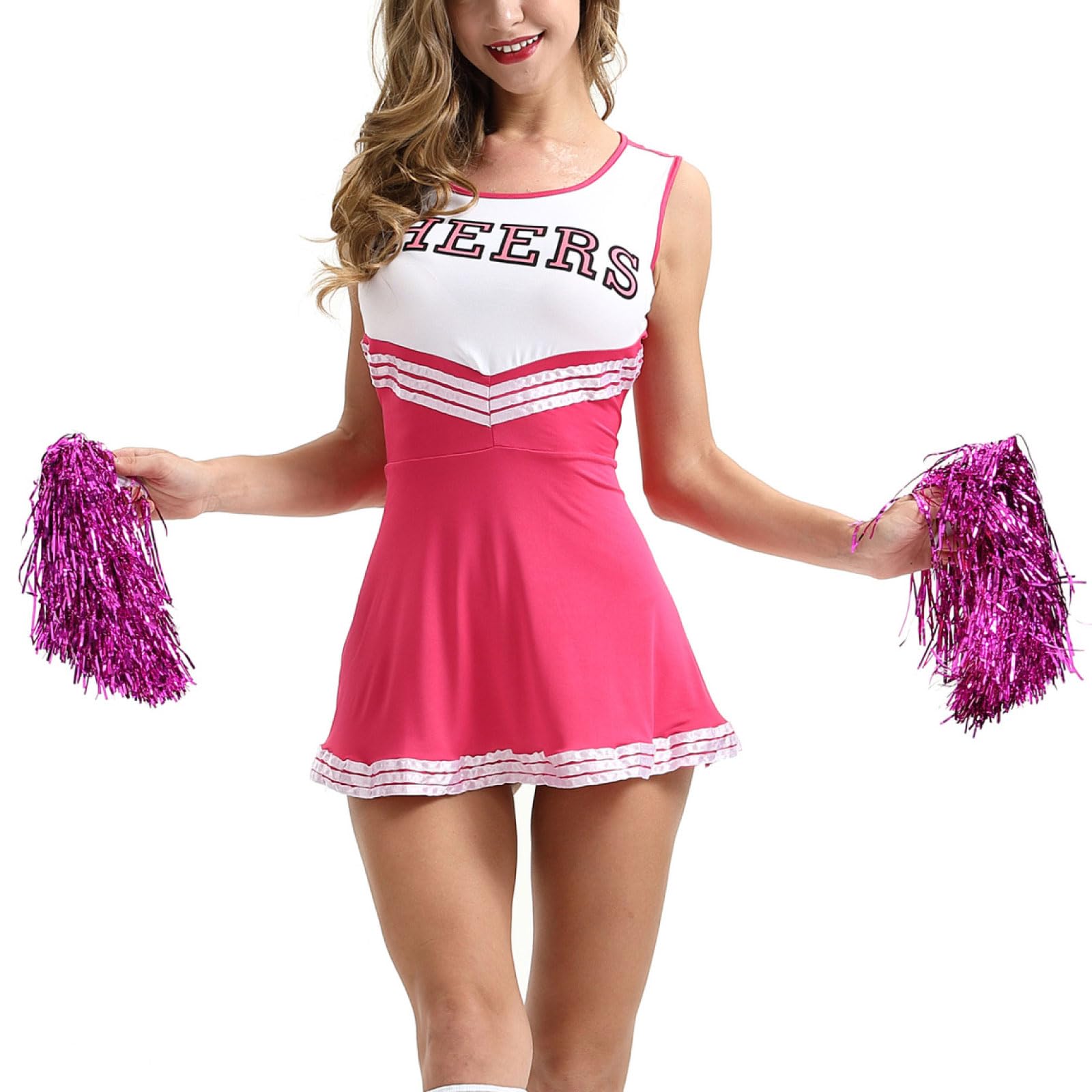 

MORYTRADE Cheerleader Cosplay Tank Top Dress with Pompoms, XL, Pink