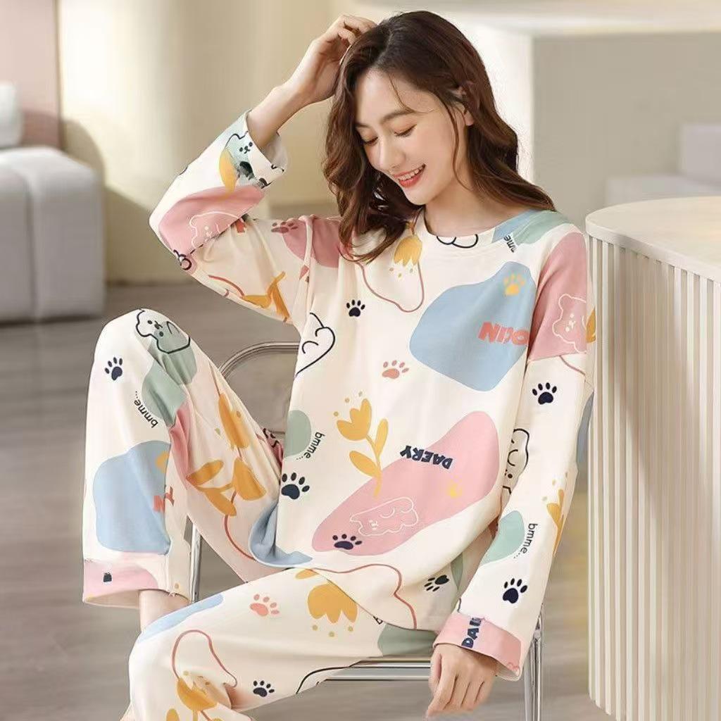 Women's Smile Face Cartoon Pajama Set - Long Sleeve Spring/Autumn Sleepwear