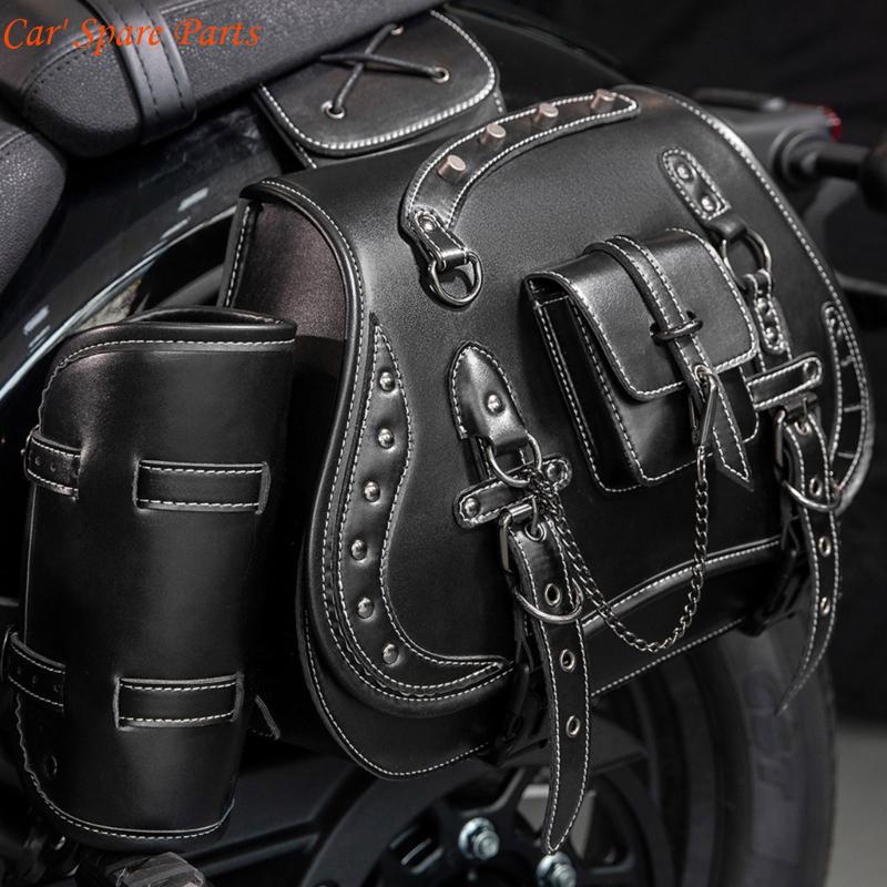 Y4UA 1 Pair Leather Side Bag Waterproof Travel Luggage Storage Bag Motorcycle Tool Bag Over Saddlebag Punk Saddlebag