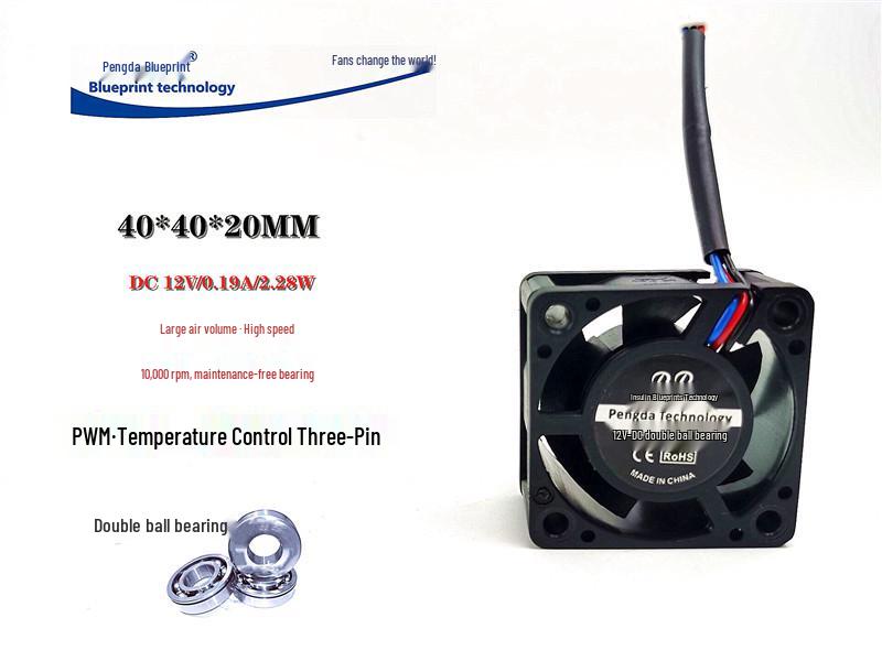 New 4020 4CM Double Ball Bearing High Airflow 12V PWM Temp-Controlled 3-Wire Motherboard Cooling Fan