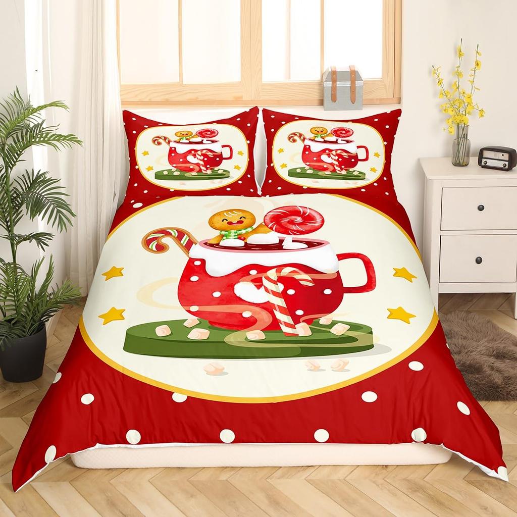 Gingerbread Man Xmas Theme Duvet Cover Christmas Comforter Cover Cartoon Snowman Christmas Tree Bedding Set Pink Quilt Cover
