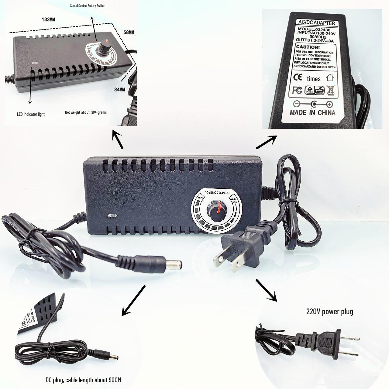 

12V/5A Speed Controller & 24V/3A Transformer Power Supply with Adjustable Temperature and LED Fan Dimming 24V 3A Transformer