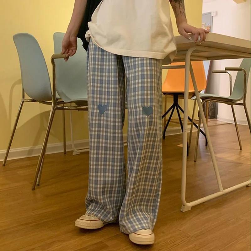 

Винтажные клетчатые брюки, женские свободные прямые брюки с эластичной резинкой на талии, корейские брюки с высокой талией в стиле Харадзюку, повседневные широкие брюки в стиле ретро L синий