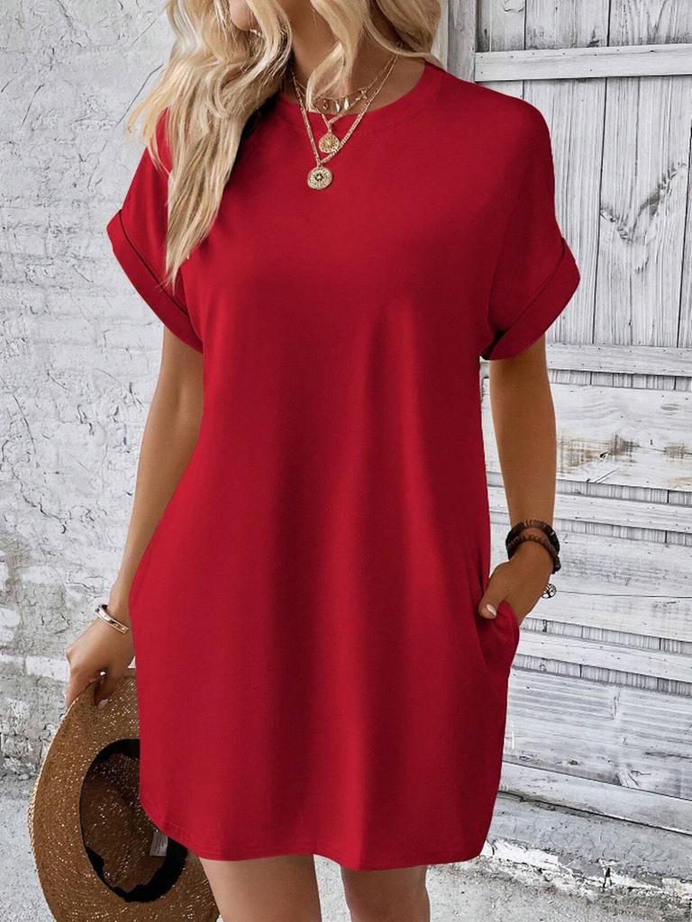 Women's Summer New Arrivals Solid Color Crew Neck Loose Short Sleeve Pocket Dress