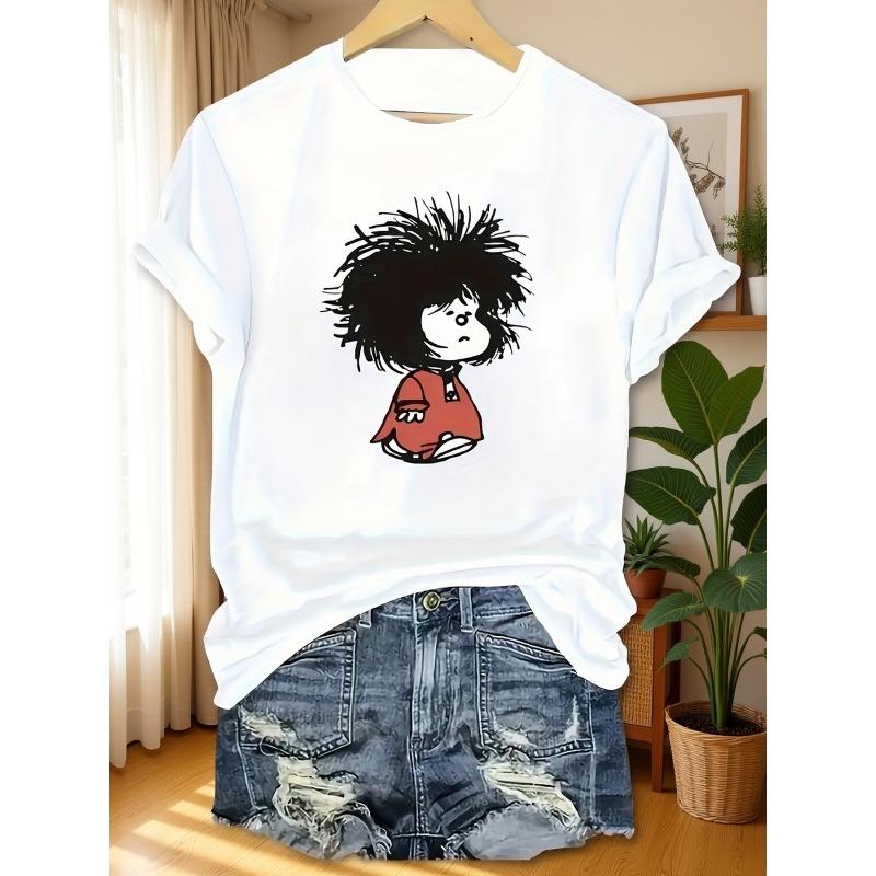 

Women S Cartoon Explosion Hairstyle Printed Casual Short-Sleeve T-Shirt - White Round-Neck Top, Machine Washable And Comfortable for All Seasons S белый