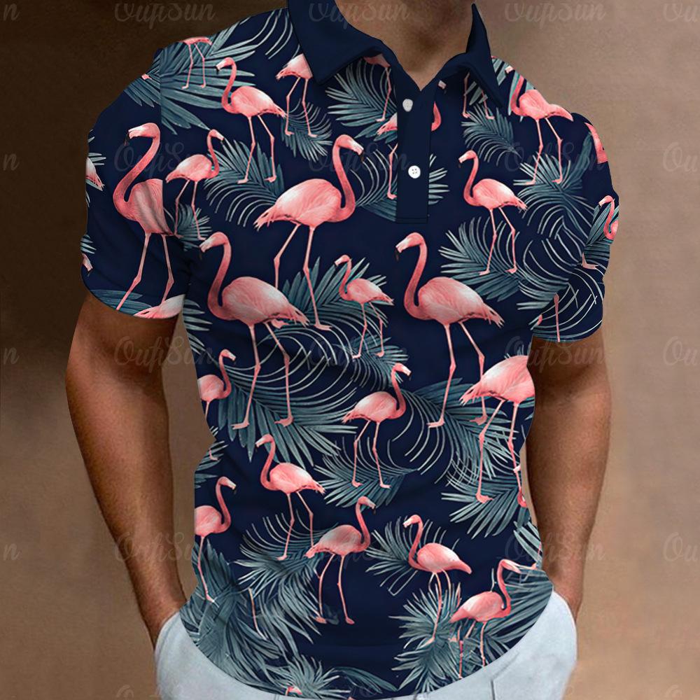 Tropical Flamingo Print Short Sleeve Polo, Casual Summer Top