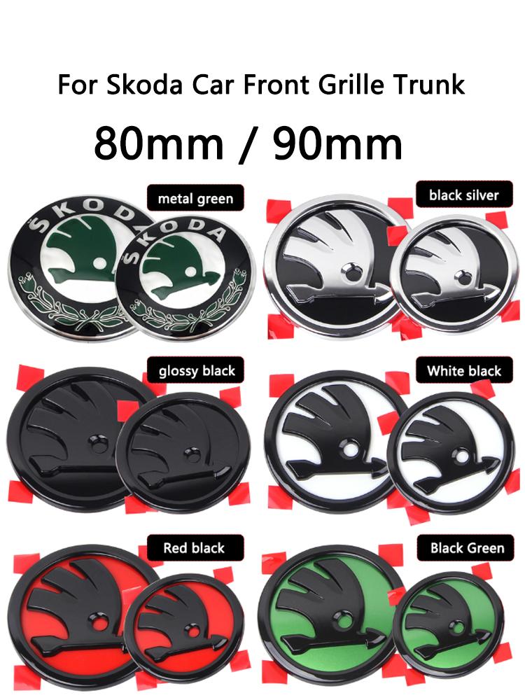 2Pcs 80MM/90MM 3D Car Emblem Badge Hood Front Rear Trunk Logo For Skoda Fabia 1 2 Octavia A7 RS Superb Rapid Yeti Karoq Vision