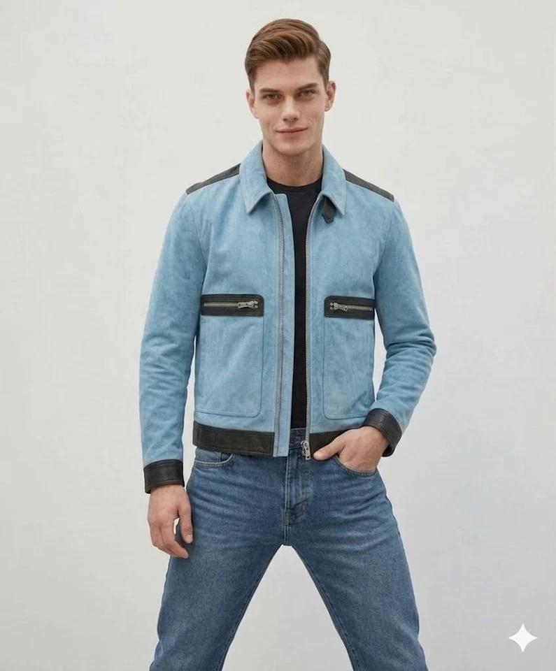 Handmade Fit Motorcycle Stylish Suede Blue Lambskin Leather Men's Biker Jacket