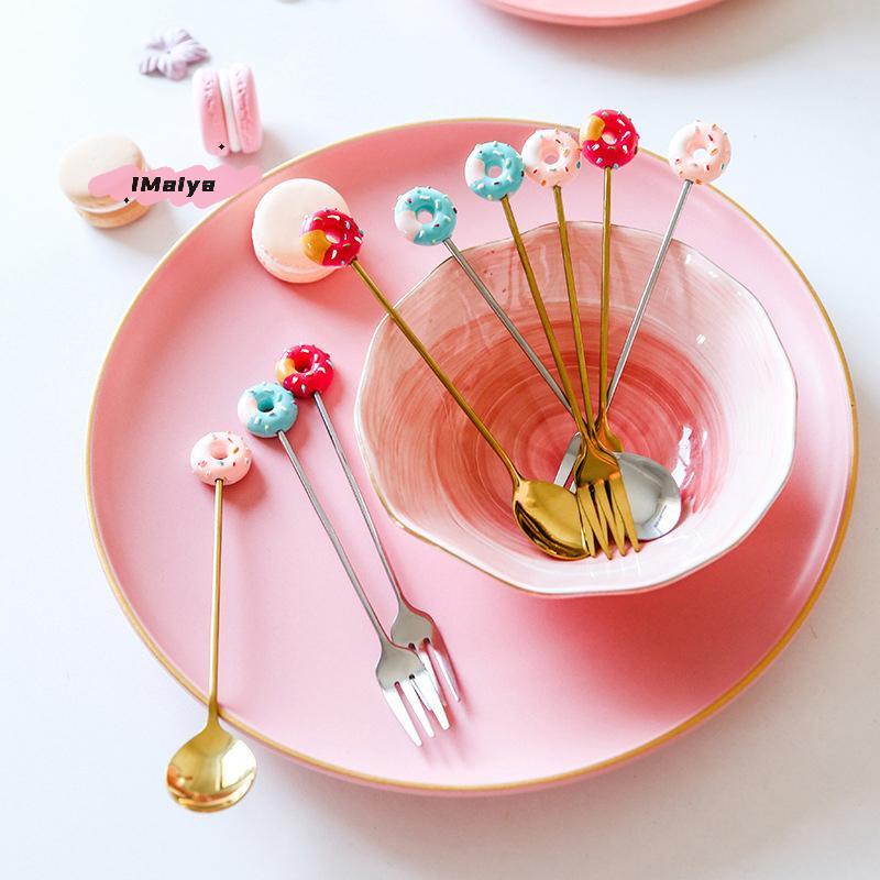 Cute Stainless Steel Donut Shaped Spoon Fork Ice Cream Cake Dessert Spoons Coffee Stirring Spoon Candy Cartoon Teaspoon