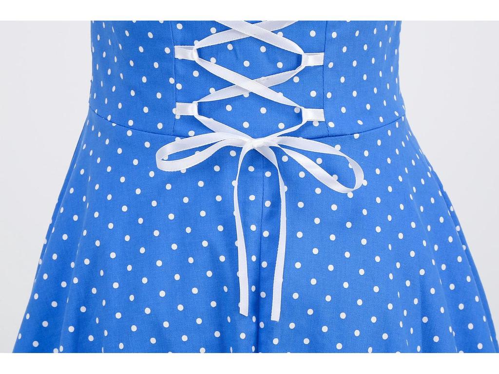 Retro Polka Dot Halter Backless Lace-up Bodycon Waist-Cinching Long-Sleeved Dress for Women