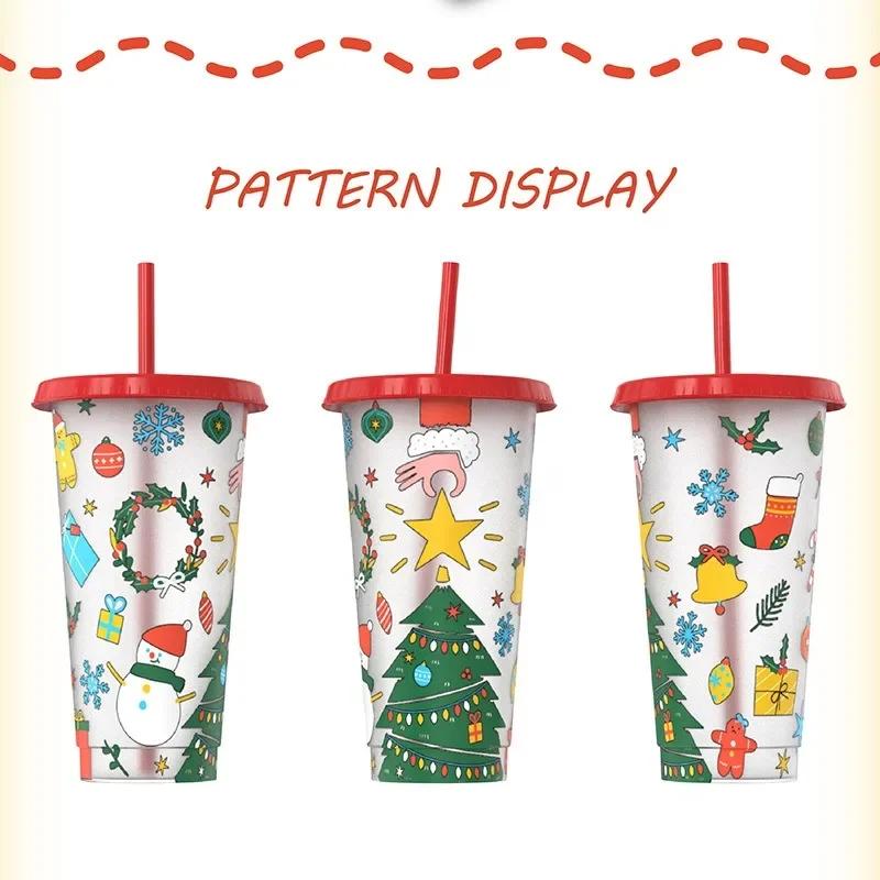 Christmas Cooling Cup 24oz Large Capacity Plastic Straw with Straw Change Color When Cold Christmas Straw Cup