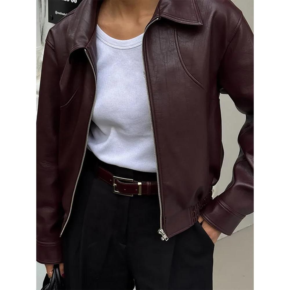Dámská vínově červená krátká bunda z PU kůže Módní Podzimní Klopový límec Zip High Street Volné Kabáty Dámské Knoflíkové Svrchní Oblečení