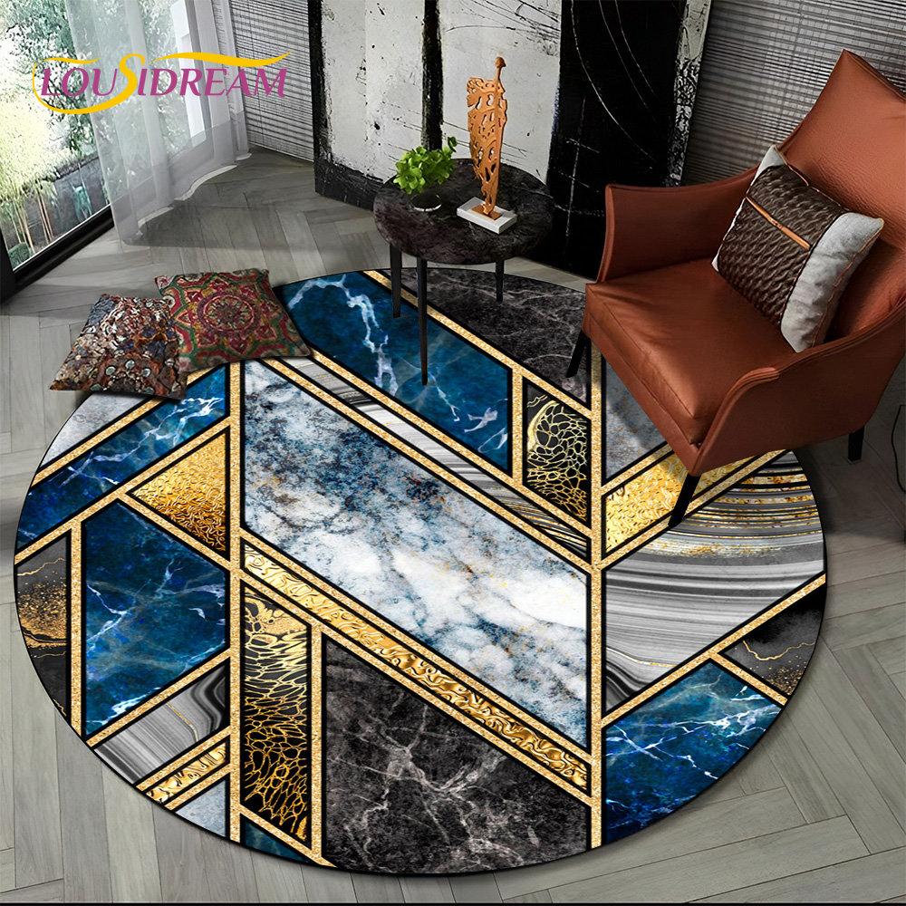 

Bstract Geometry Marble Colour Gold Round Area Rug,Circle Carpet for Living Room Bedroom Sofa Decor, Kids Floor Mat Kitchen Mat 60cm