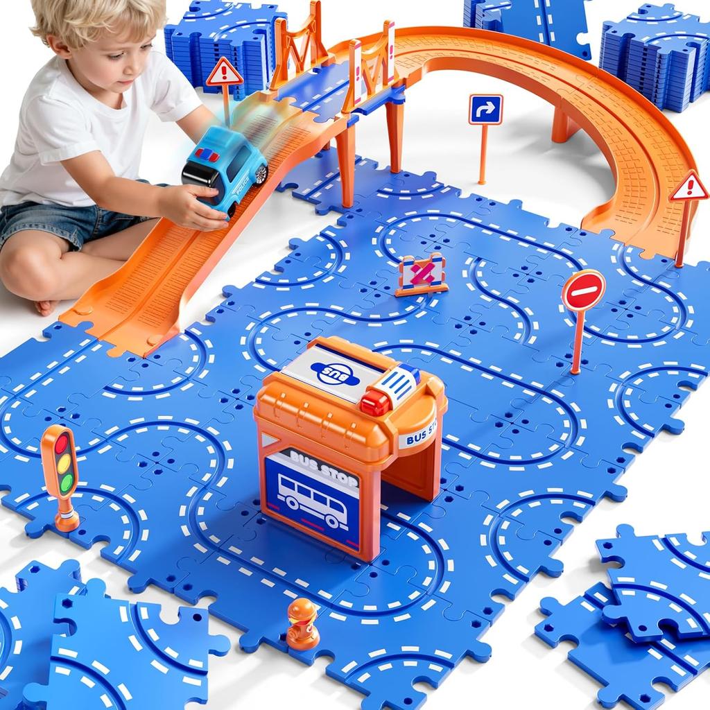 Puzzle Race Car Track Set for Kids 3-5, Floor Puzzle Track Car Set, Toddler Toys for 3 4 5 6 Years Old Boys