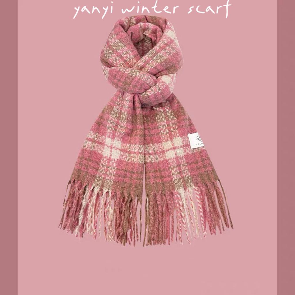 Women's Autumn & Winter Plaid Scarf: Thick Imitation Cashmere Shawl, Solid Color Neck Warmer for Students
