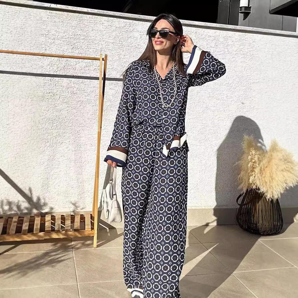 Women's Fashion Two-Piece Set: Long Sleeve Print Shirt and High Waist Pants