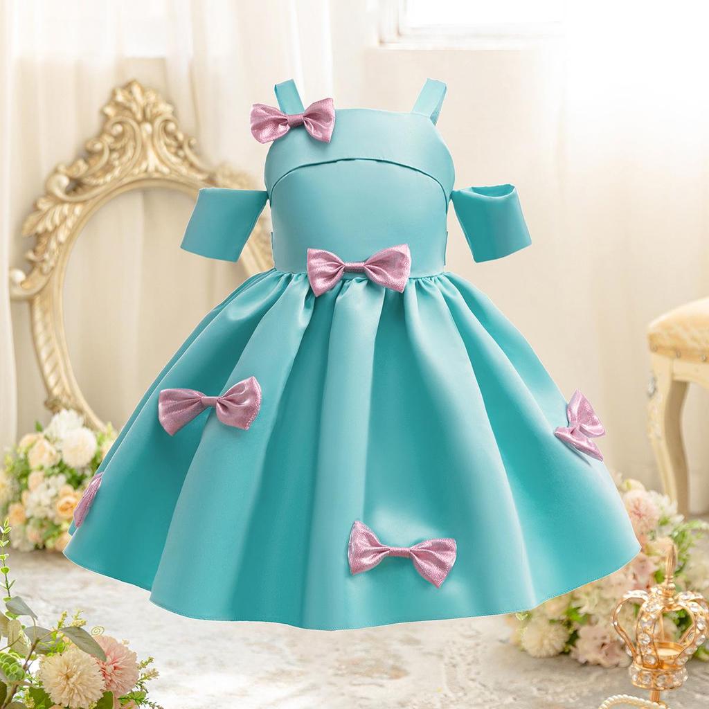 2025 New Cyan Bow Off-Shoulder Princess Dress for Girls