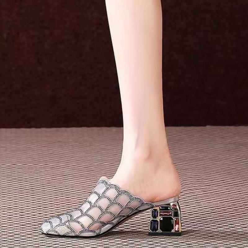 Fashion Mesh Breathable Pointed Toe Slides Medium Heel Rhinestone 39 Vip Women's Slippers and Ladies Sandals On Promotion Original Shoes