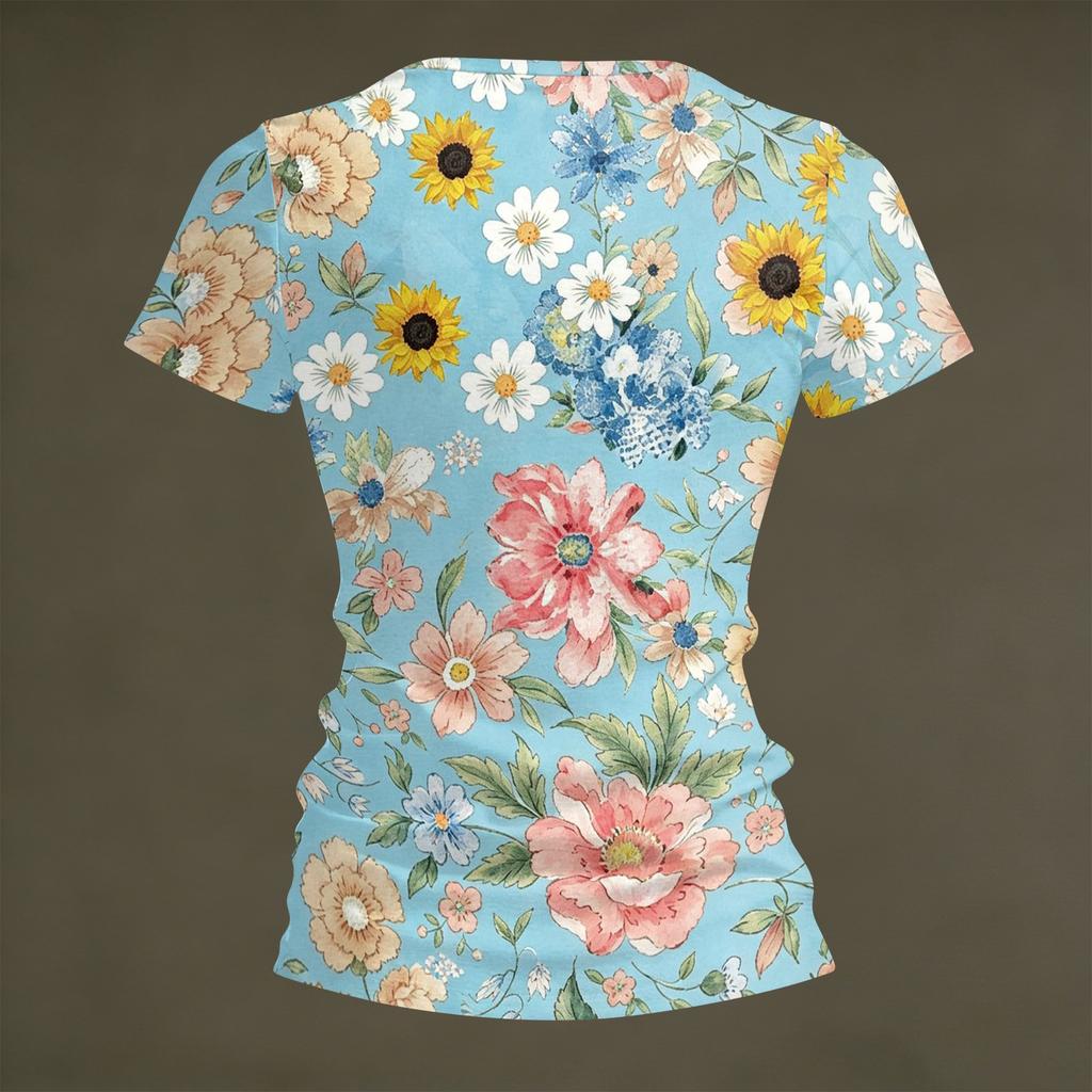 Women V Neck Short Sleeve Floral Print T Shirt Casual Lightweight Top Summer Blouse Soft Fabric Comfortable Fit
