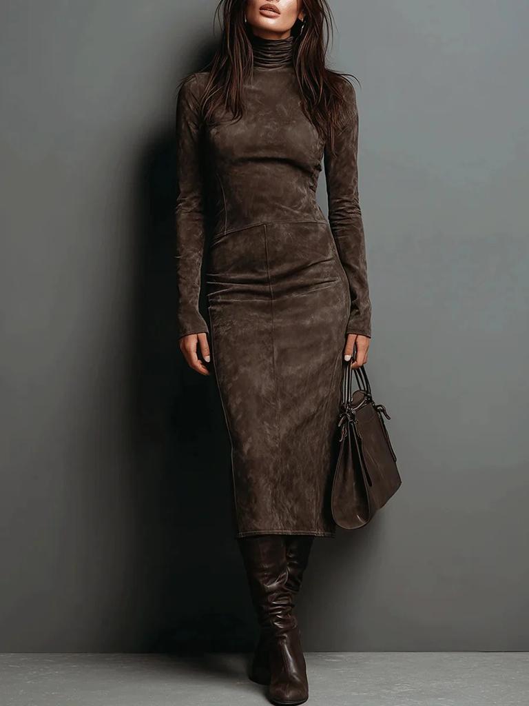 New Autumn Models, European and American Retro, Turtleneck Long Dress, Solid Color Waist Bottom Long-sleeved Dress