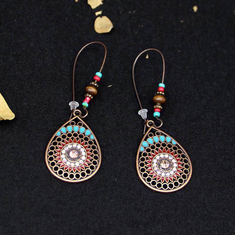 Bohemian Ethnic Style Retro Personality Jewelry Hollow Water Drop-Shaped Alloy Point Drill Long Earrings Women'S Earrings