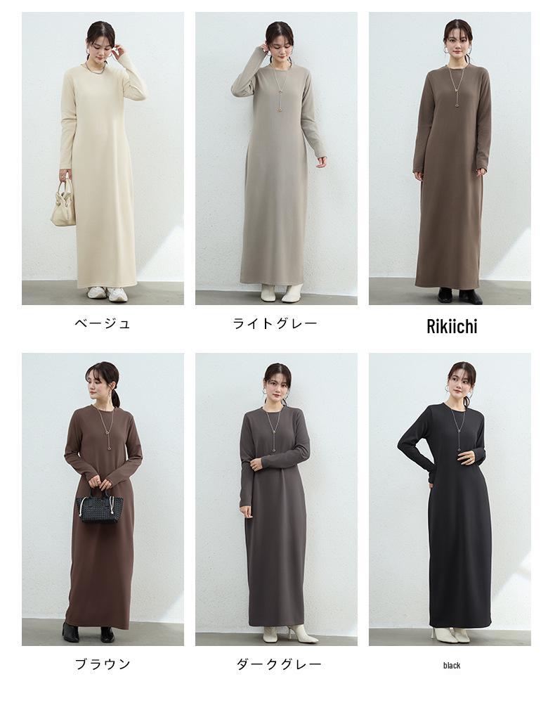 Autumn-Winter Japanese Style Brushed Wool Round Neck Long Sleeve Slimming Warm Dress for Women