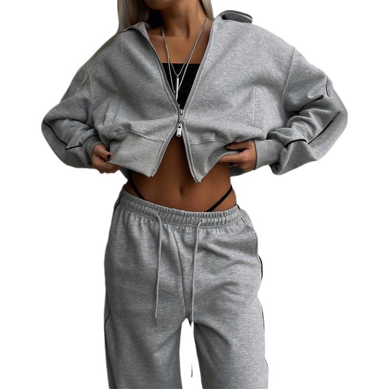 European & American Casual Zipper Cardigan Jacket & Sporty Drawstring Long Pants Women’s Two-piece Set