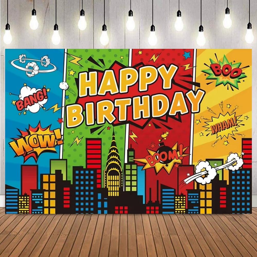 Comic Style City Superhero Photo Backdrop Colorful Buildings Birthday Cake Table Decoration Banner Party Photography Background8