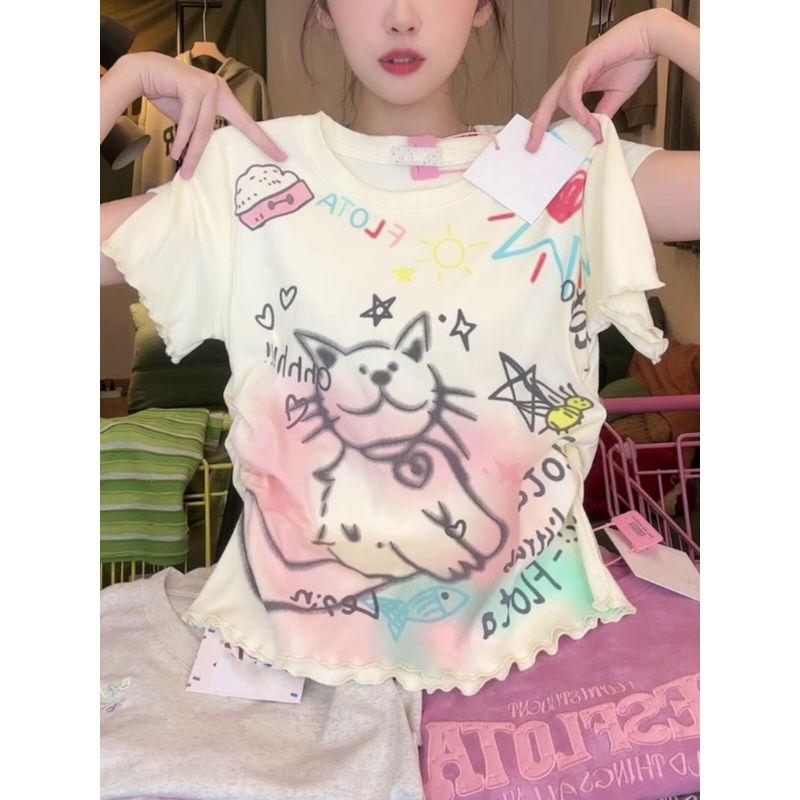 Sweet and Spicy Cartoon Cat Printing Shoulder Short-Sleeved T-shirt Female Summer Wooden Ear Silm Ruched Waist-Controlled Top Tide