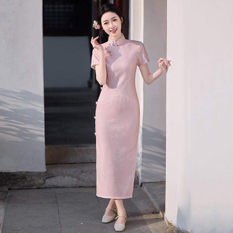 Elegant Long Cheongsam Dress Women Pink Ivory Lace With Stand Collar 3D Floral Print Modern Chinese Style Small