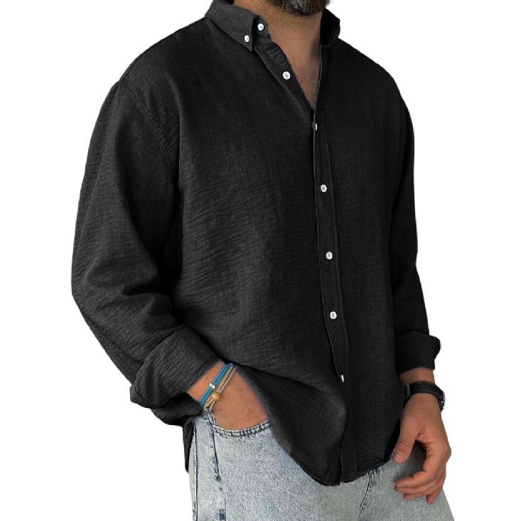 2026 Men s Spring and Autumn New Loose Solid Color Long Sleeve Shirt Casual Breathable Top S чёрный