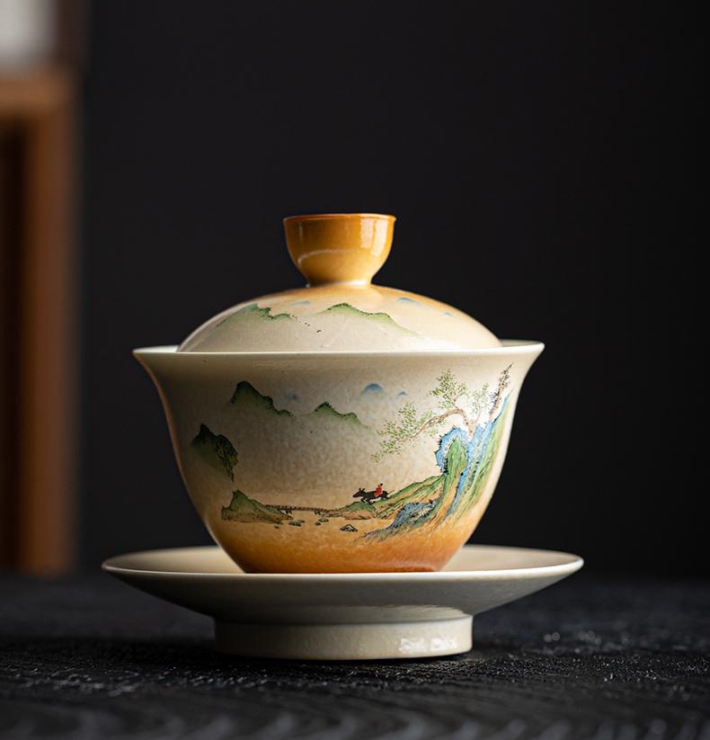 Keramisk tesett Boblekopp Kung Fu Lokkskål Lilla Gaiwan Håndmalt Kinesisk stil Landskapsmaleri Gaiwan Suppeterrin Bar