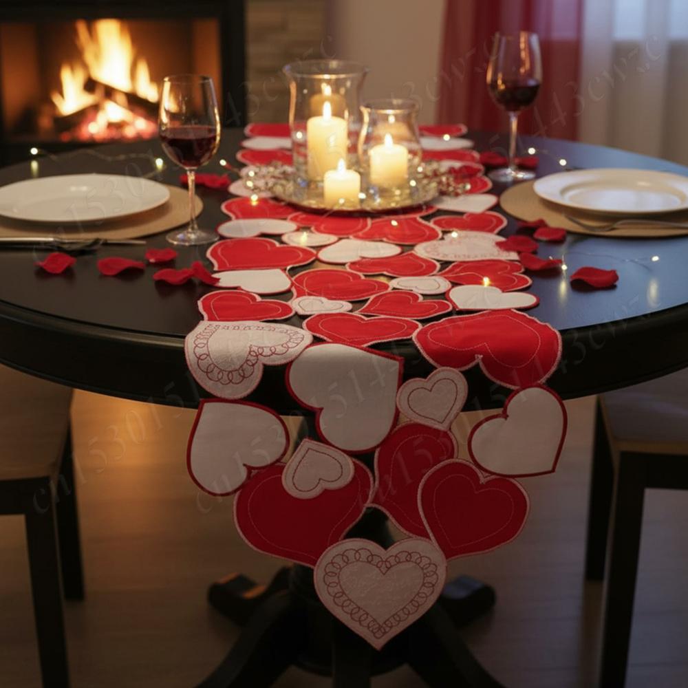 38x176cm Embroidered Valentines Day Tablecloth Reusable Love Heart Pattern Table Runners For Wedding Anniversary Romantic Events