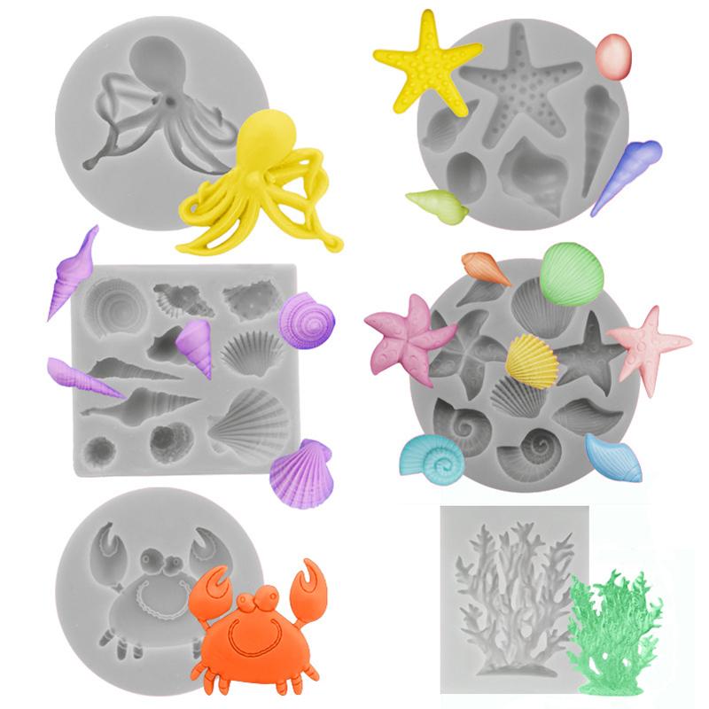 WTEMPO 6pcs Creative Ocean Starfish Coral Octopus Crab Conch Shaped Molds DIY Epoxy Resin Molds Set Silicone Molds for Clay Candle Crafts Making
