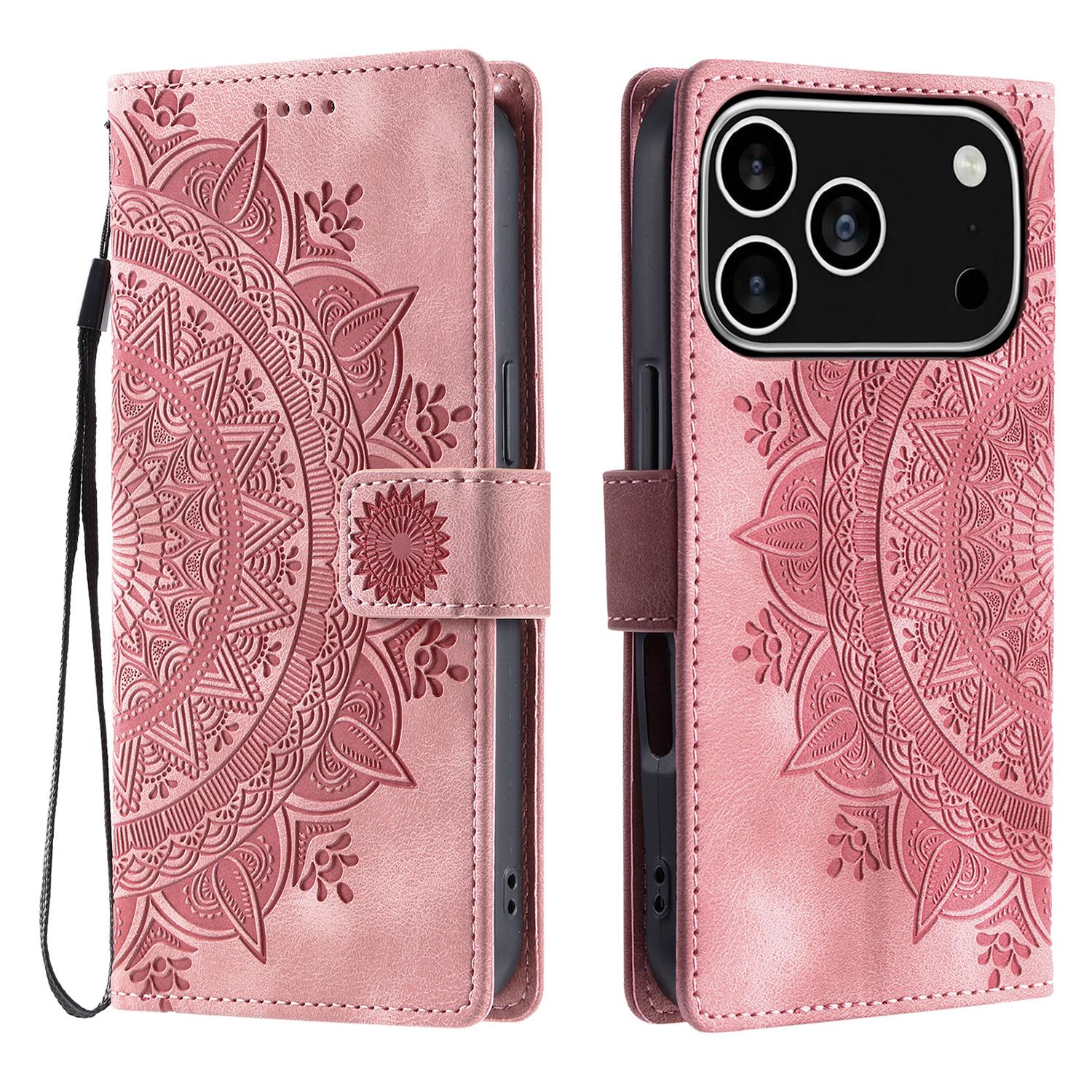 

For iPhone 17 Pro Case Imprinted Totem Skin Feel Wallet Leather Phone Cover with Hand Strap