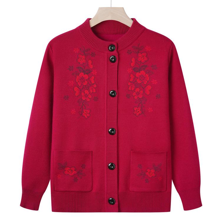 

Autumn Grandma Wear Round Neck Cardigan Sweater Middle-aged and Elderly Sweater Autumn Jacket Women 50 Years Old 60 Mother Wear Top M