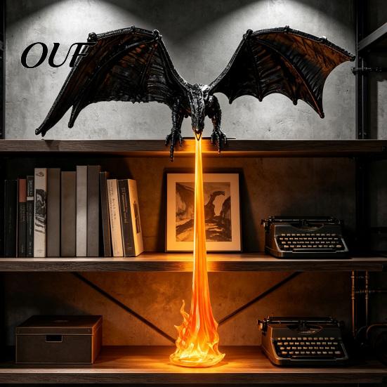 Durable PLA Dragon Model 3D Printed Fire-Breathing Bookshelf Decor, Fantasy Nook Light, Flying Figurine Theme Display with Flame, Halloween Shelf for