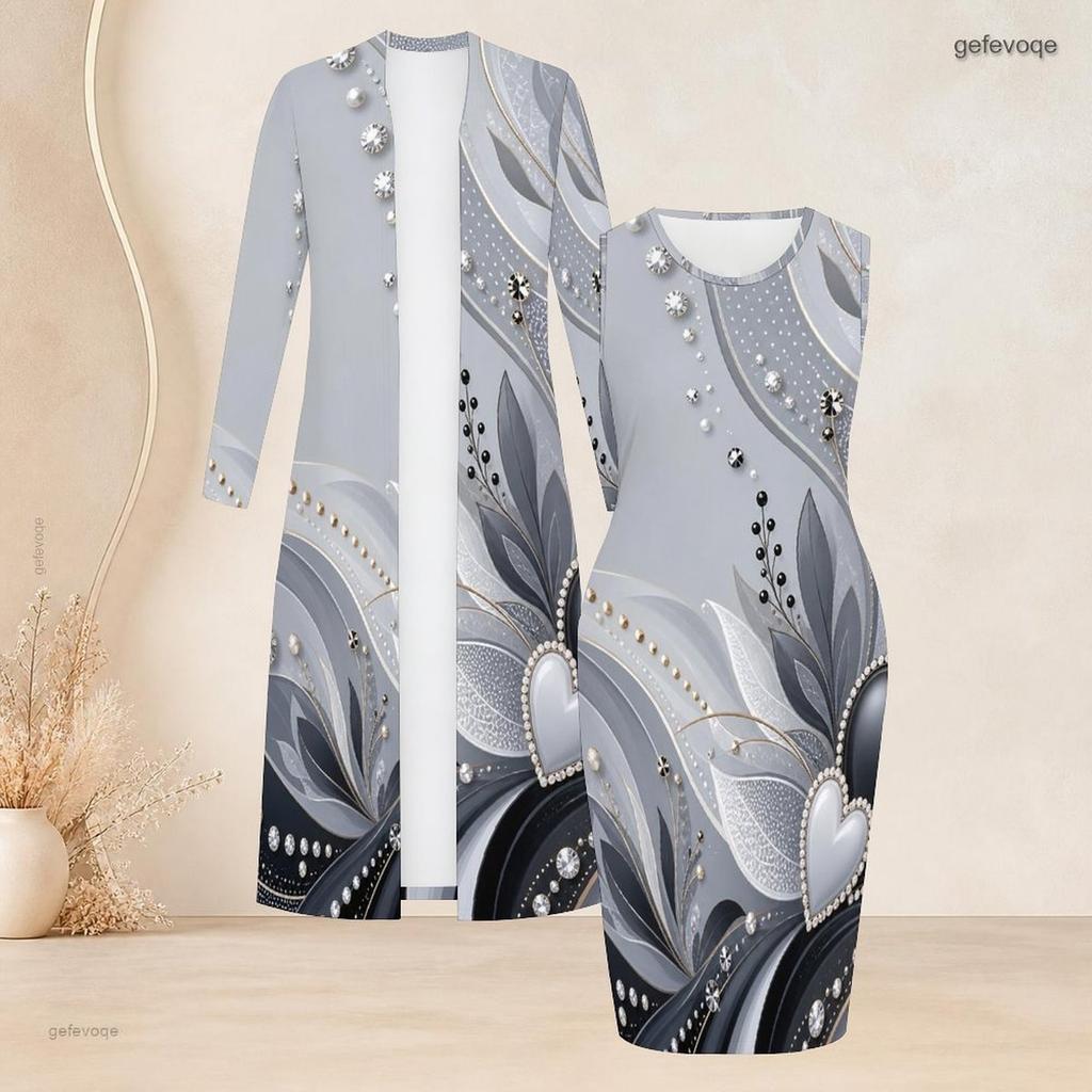 Women Plus Size Two Piece Set Long Sleeve Open Front Cardigan Sleeveless Bodycon Printed Dress Black Green Gold