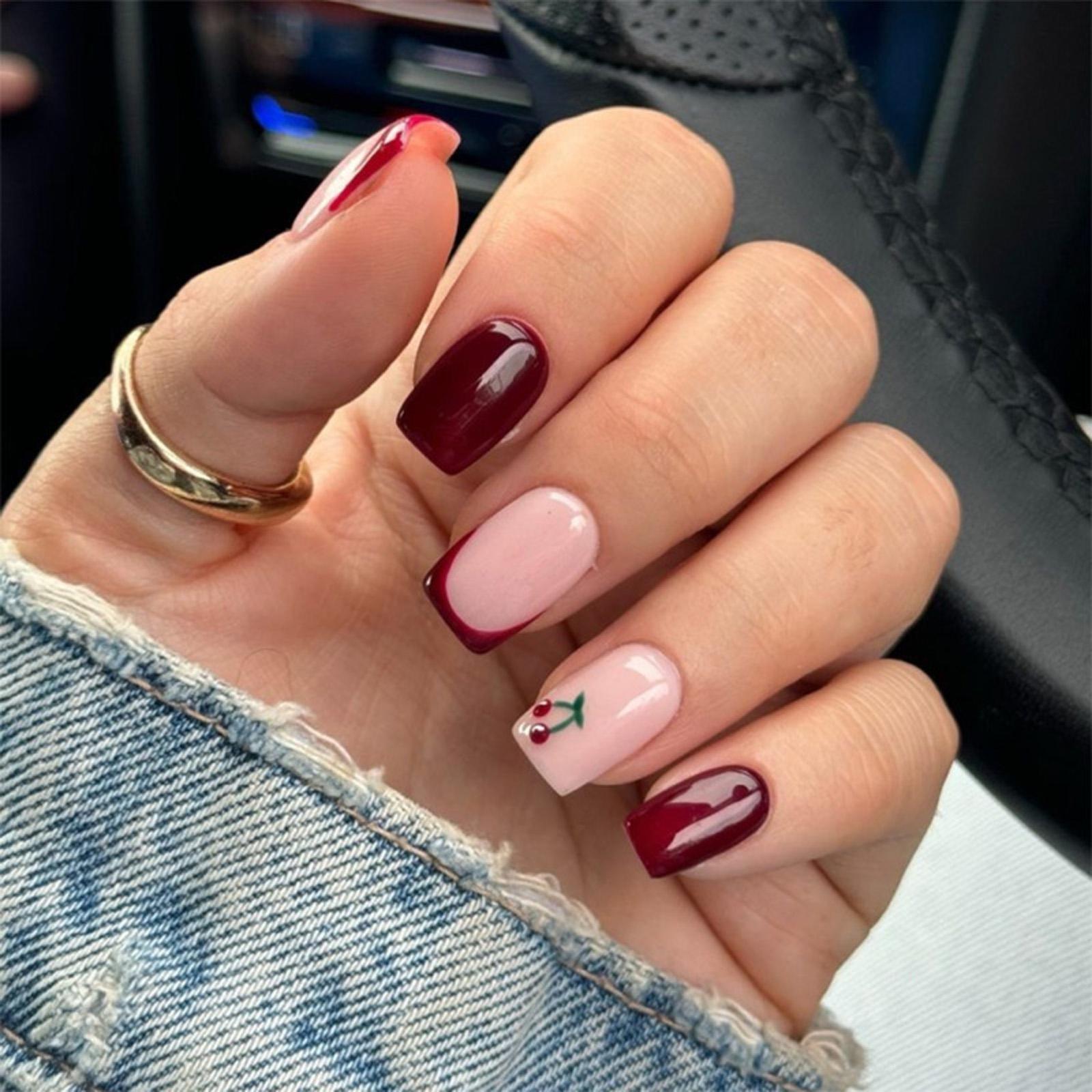 Cherrys Red Press On Nail French Manicure Almond Shape Comfortable All Day 1