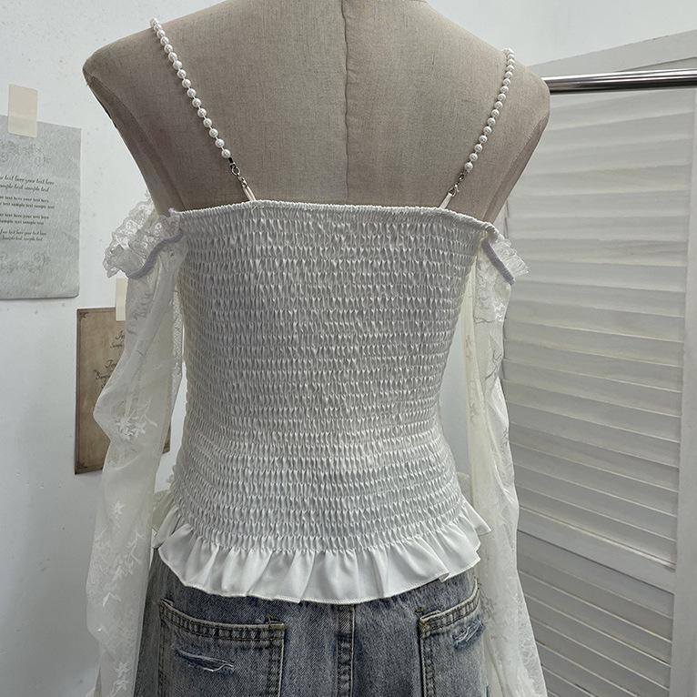 French Retro One-Shoulder Pearl Strap Lace Top with Chest Pads