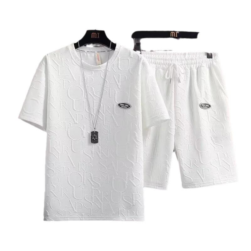 Men's Casual Two-Piece Jacquard Letter T-Shirt & Wide-Leg Shorts Set