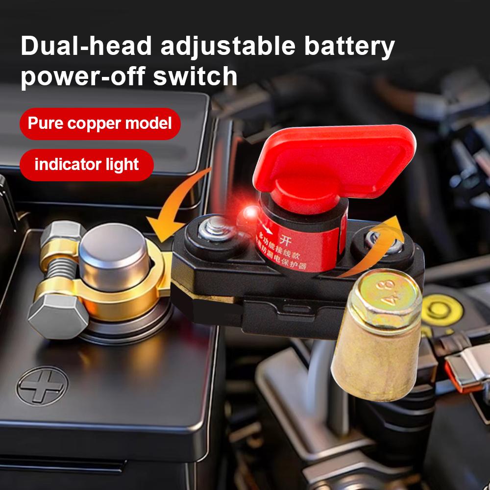 Full Copper Car Battery Disconnect Switch with LED Indicate Light 12-24V Bidirectional Rotating Power Cut Off, Universal Side Post