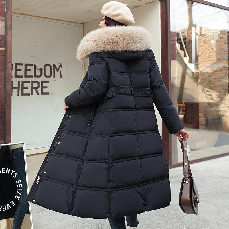 Women's Autumn And Winter Cotton Coat Medium Length Large Fur Collar Hooded Slim Fitting Coat Large Knee Length Cotton Jacket