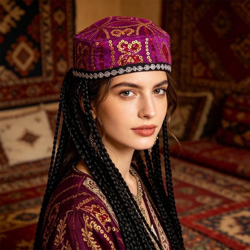 Elegant Beret Cap with Decorative Braids And Sequined Flower Decors Uyghur Hat For Stage Performances and Cultural Event