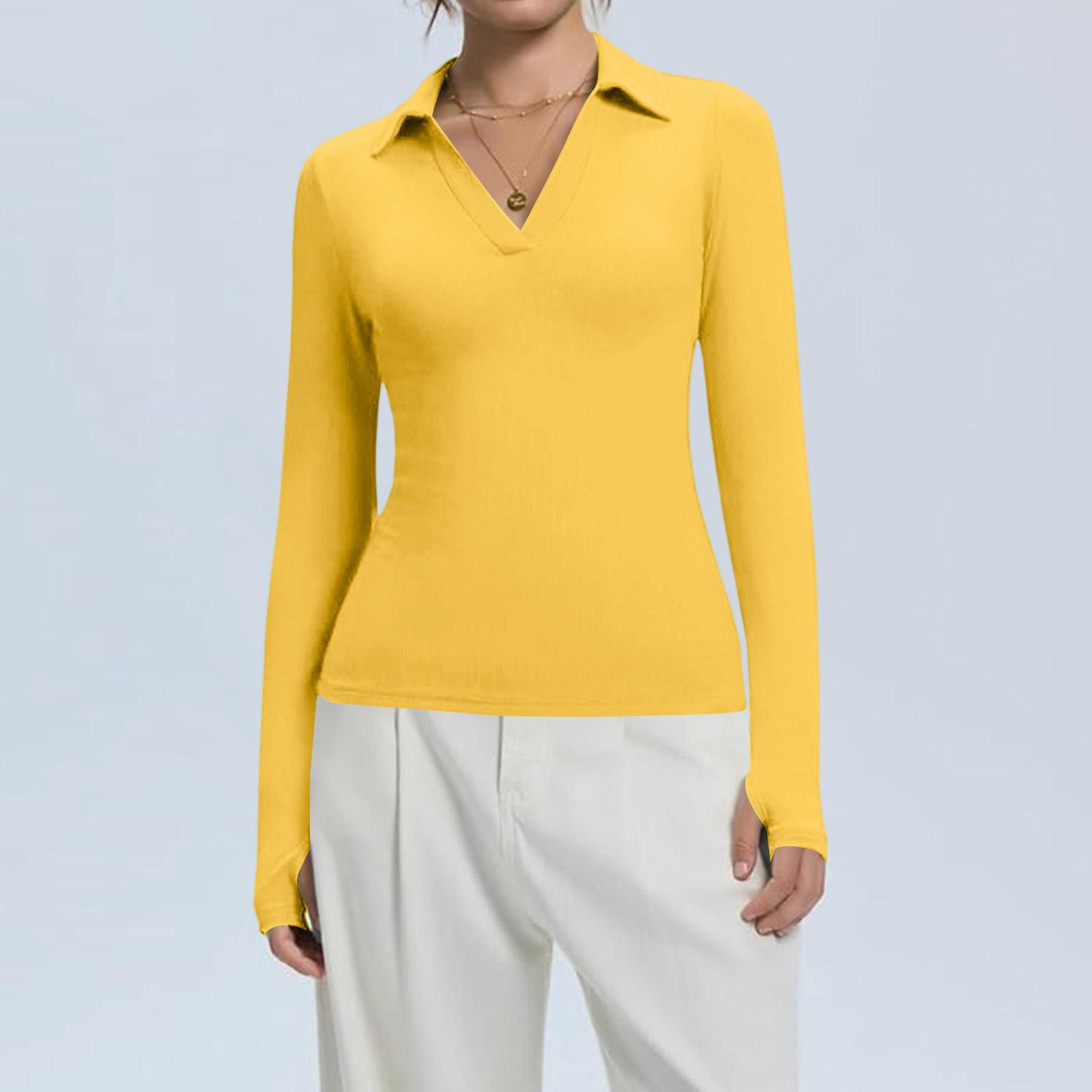 

Women s Fashion Casual Solid V-Neck Long Sleeve Button-Down Top XL жёлтый