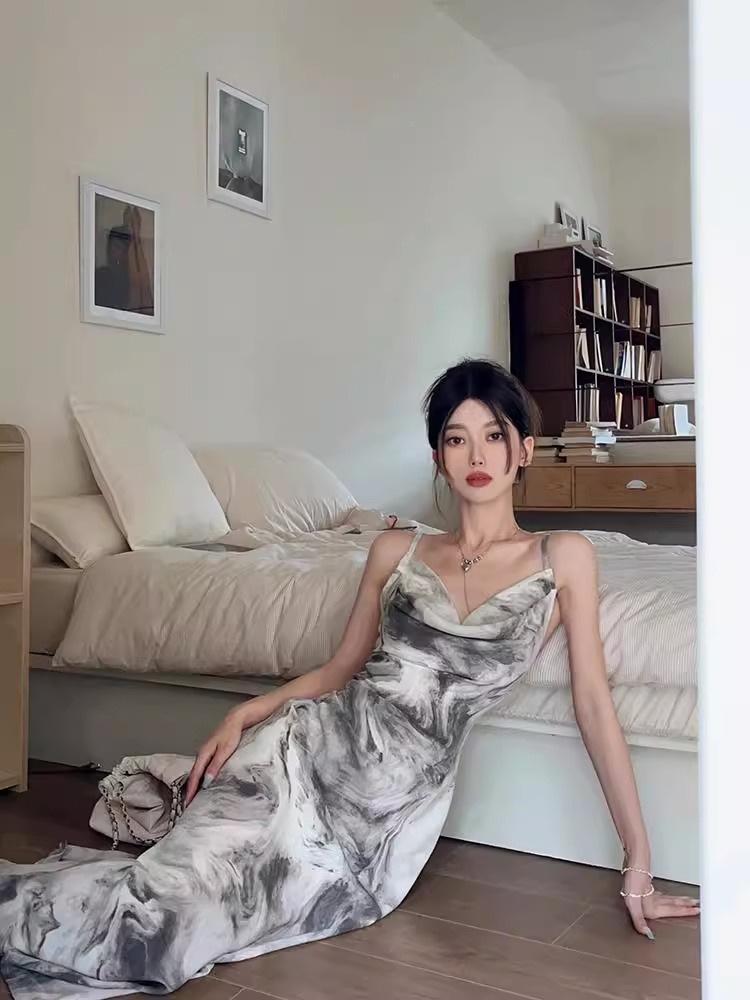 Adjustable Spaghetti Strap Ink Painting Bodycon Fishtail Dress - Chinese Style