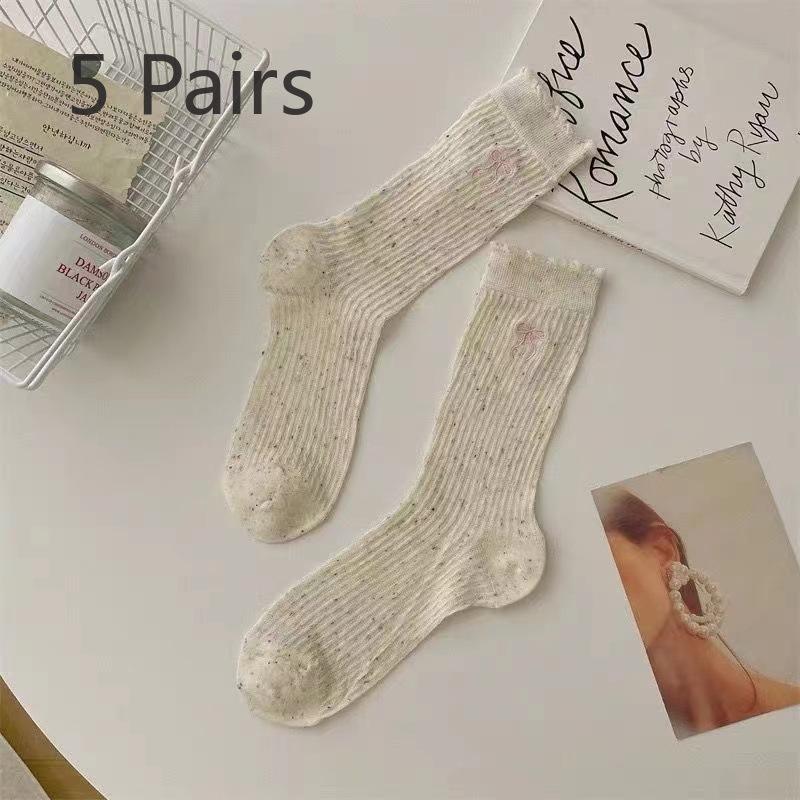 5 Pairs of Female Spring and Summer Thin Embroidery Bow Hollow Tube Stack Socks