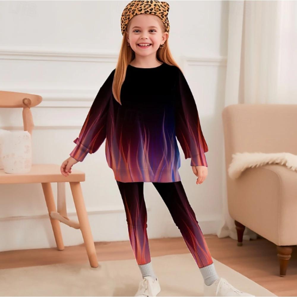 Girls' Aurora Ombre Casual Comfortable Soft Loose Pullover Sweatshirt and Leggings 2-Piece Set, New Autumn/Winter, Playful, Sweet and Cool Style